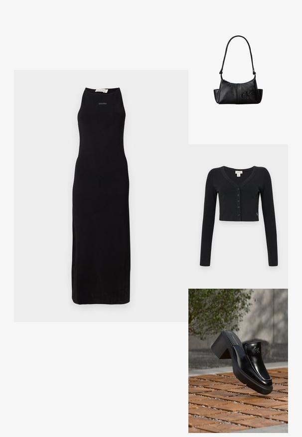 Cárdigan negro corto hecho de tela acanalada. Presenta mangas largas, un escote en V y una fila de seis botones en la parte delantera. Diseño minimalista.; Vestido largo sin mangas de color negro en un tejido suave, con un escote alto y una silueta sencilla. Marca sutil en el pecho.; Mule tipo slip-on de cuero negro de Calvin Klein con tacón de bloque descansando sobre baldosas de madera al aire libre cerca de una planta verde y una pared gris.; Bolso de hombro de cuero negro con correa larga, bolsillos laterales y logo de Calvin Klein en relieve en la parte delantera.