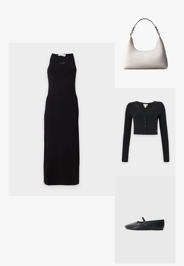 Cárdigan negro corto hecho de tela acanalada. Presenta mangas largas, un escote en V y una fila de seis botones en la parte delantera. Diseño minimalista.; Vestido largo sin mangas de color negro en un tejido suave, con un escote alto y una silueta sencilla. Marca sutil en el pecho.; Bailarinas de cuero negro con punta afilada, suela plana y una pequeña correa con detalle de hebilla plateada.; Bolso de hombro de cuero color crema de Calvin Klein con borde superior curvado, cremallera plateada y correa ajustable marrón oscuro.