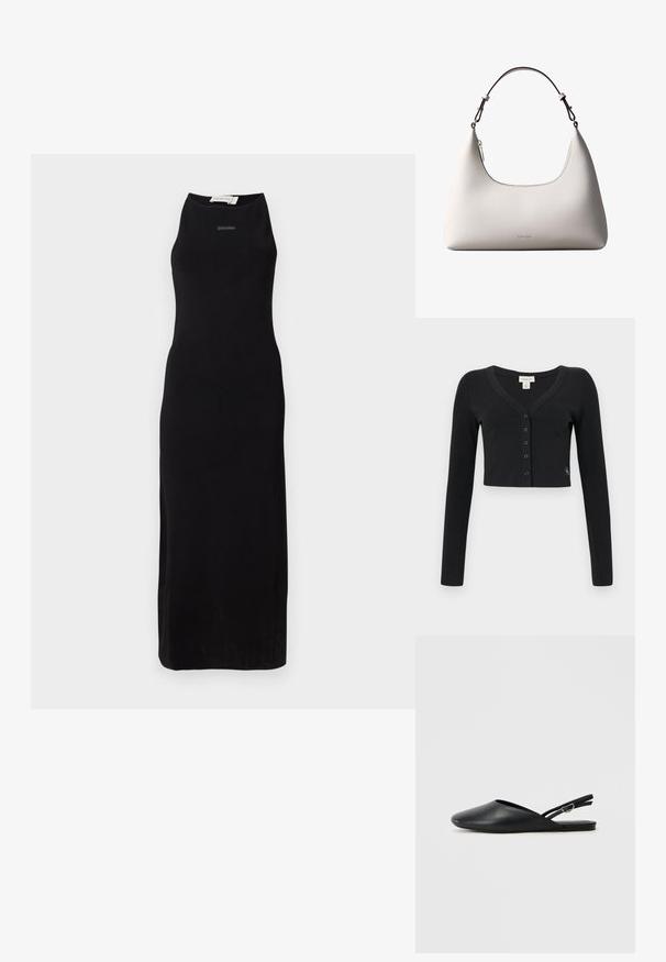 Sort cropped cardigan lavet af ribbet stof. Har lange ærmer, en V-hals og en række af seks knapper foran. Minimalistisk design.; Sort ærmeløs maxikjole i et glat stof med en høj halsudskæring og en enkel silhuet. Diskret branding på brystet.; Sorte læderslippers med spids tå, buet design og justerbar spænde. Glat tekstur, flad sål, minimalistisk detaljering.; Cremefarvet skuldertaske i læder fra Calvin Klein med buet topkant, sølvfarvet lynlås og mørkebrun justerbar rem.