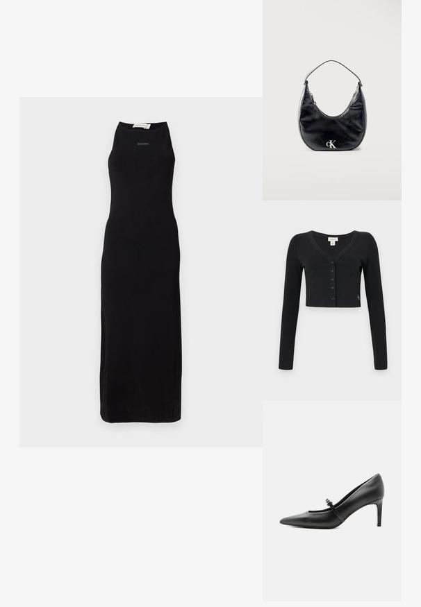 Cárdigan negro corto hecho de tela acanalada. Presenta mangas largas, un escote en V y una fila de seis botones en la parte delantera. Diseño minimalista.; Vestido largo sin mangas de color negro en un tejido suave, con un escote alto y una silueta sencilla. Marca sutil en el pecho.; Zapato de tacón alto de cuero negro con punta puntiaguda, con tira fina y hebilla sobre el empeine, sobre fondo claro y neutro.; Bolso de mano de cuero negro en forma de media luna con asa corta y logotipo "cK" plateado en el frente, cierre de cremallera en la parte superior.