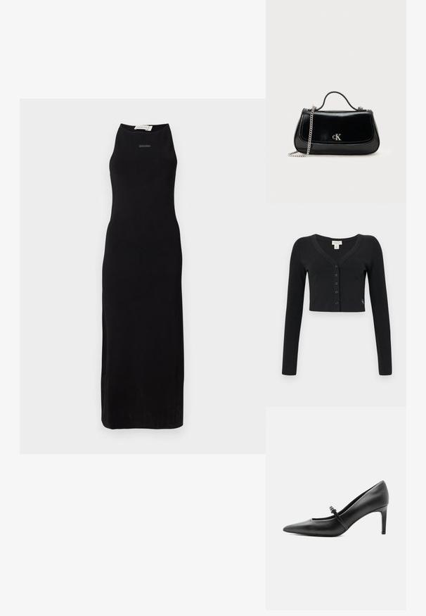 Cárdigan negro corto hecho de tela acanalada. Presenta mangas largas, un escote en V y una fila de seis botones en la parte delantera. Diseño minimalista.; Vestido largo sin mangas de color negro en un tejido suave, con un escote alto y una silueta sencilla. Marca sutil en el pecho.; Zapato de tacón alto de cuero negro con punta puntiaguda, con tira fina y hebilla sobre el empeine, sobre fondo claro y neutro.; Bolso de mano de cuero negro con correa de cadena, forma estructurada y un acento de logo plateado. Textura suave con cierre de solapa.