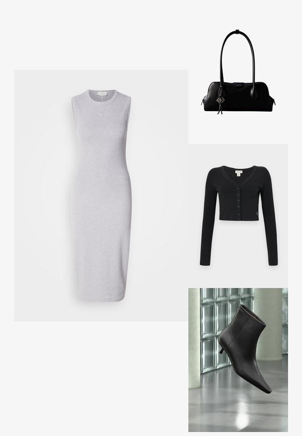 Cárdigan negro corto hecho de tela acanalada. Presenta mangas largas, un escote en V y una fila de seis botones en la parte delantera. Diseño minimalista.; Vestido midi sin mangas gris hecho de una mezcla de algodón. Presenta un escote redondo y un sutil detalle del logo en el pecho. Textura suave.; Bota de cuero negro para el tobillo con puntera puntiaguda y tacón pequeño, exhibida frente a una pared de bloques de vidrio y un suelo pulido.; Bolso de mano negro de cuero Calvin Klein con asas largas, una etiqueta con el logo frontal y un colgante geométrico plateado que cuelga de una de las asas.