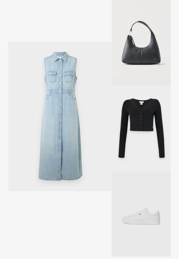 Čierny skrátený cardigan vyrobený z ribované tkaniny. Má dlhé rukávy, výstrih do V a rad šiestich gombíkov na prednej strane. Minimalistický dizajn.; Denim šaty bez rukávov, svetlomodré, s predným zapínaním na gombíky, dvoma náprsními vreckami, zúženým pásom a dlhou, rovno strihanou sukňou.; Biele nízkopoložené tenisky s hladkým koženým zvrškom, okrúhlou špičkou a plochou gumovou podrážkou. Majú jemné logo na boku a biele šnúrky.; Čierna kožená kabelka so štruktúrou s jedným remienkom a zipsom, s malým logom Calvin Klein na prednej spodnej pravej strane.