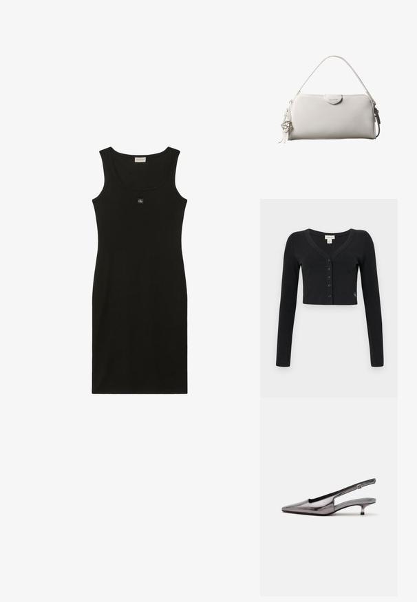 Sort cropped cardigan lavet af ribbet stof. Har lange ærmer, en V-hals og en række af seks knapper foran. Minimalistisk design.; Sort ærmeløs knælængde kjole med rund halsudskæring og lille logopatch centreret under kraven.; Metalgrå spids slingback-sko med lav kittenhæle og justerbar rem på hvid baggrund.; Hvid rektangulær Calvin Klein håndtaske med enkelt håndtag, minimalistisk design og dekorative kvaster med geometrisk metalvedhæng på siden.