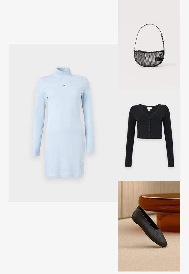 Čierny skrátený cardigan vyrobený z ribované tkaniny. Má dlhé rukávy, výstrih do V a rad šiestich gombíkov na prednej strane. Minimalistický dizajn.; Svetlomodré rebrované šaty s vysokým výstrihom a dlhými rukávmi. Na hrudníku je malý logotyp. Vyrobené z jemnej tkaniny.; Čierna textúrovaná slip-on balerína vznášajúca sa nad béžovým koberecom v blízkosti okrúhlej základne stola farby jantáru.; Čierna sieťovaná polmesiacová taška s krátkym nastaviteľným koženým remienkom a zipsom na jednoduchom svetlom pozadí.