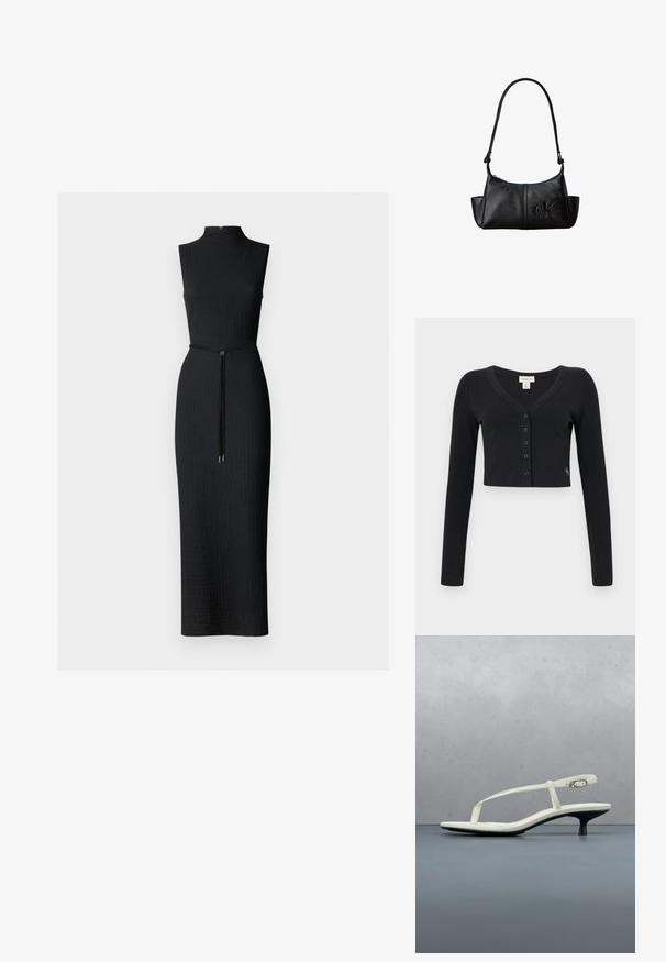 Sort cropped cardigan lavet af ribbet stof. Har lange ærmer, en V-hals og en række af seks knapper foran. Minimalistisk design.; Sort ærmeløs kjole med høj hals, textured stof, tætsiddende silhuet og en talje-bånd med en cirkulær accent.; Hvid sandal med stropper og kitten-hæl med spids tå, svævende over et trægulv udendørs med en sløret plante og væg i baggrunden.; Sort læder skuldertaske med lang rem, sidelommer og præget Calvin Klein-logo på fronten.