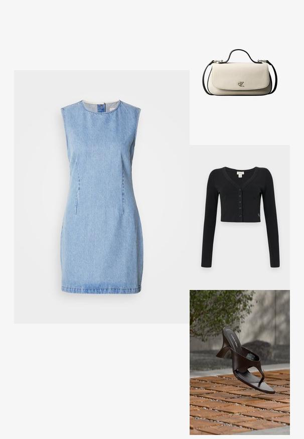 Sort cropped cardigan lavet af ribbet stof. Har lange ærmer, en V-hals og en række af seks knapper foran. Minimalistisk design.; Denim kjole i lyseblå, ærmeløs design med rund halsudskæring og side sømdetaljer. Har en lige skæring og let tekstur.; Brun Calvin Klein hælet thong sandal svævende over træflise og grus udendørs med sløret grønt og stenmur i baggrunden.; Cremefarvet rektangulær håndtaske med sort rem og håndtag, foran klaplukning samt lille sølvfarvet "cK" logo midt foran.