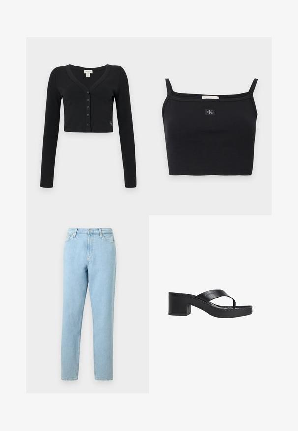 Cárdigan negro corto hecho de tela acanalada. Presenta mangas largas, un escote en V y una fila de seis botones en la parte delantera. Diseño minimalista.; Top corto negro acanalado con tirantes delgados y un pequeño parche con el logo de Calvin Klein centrado en el pecho.; Pantalones vaqueros de denim azul claro con un corte recto, diseño de cinco bolsillos y cierre de botones. Presentan un ligero desvanecimiento y una textura suave.; Sandalia de tacón de cuero negro con tira tipo chancla y tacón bajo de bloque, con la marca Calvin Klein en la tira.