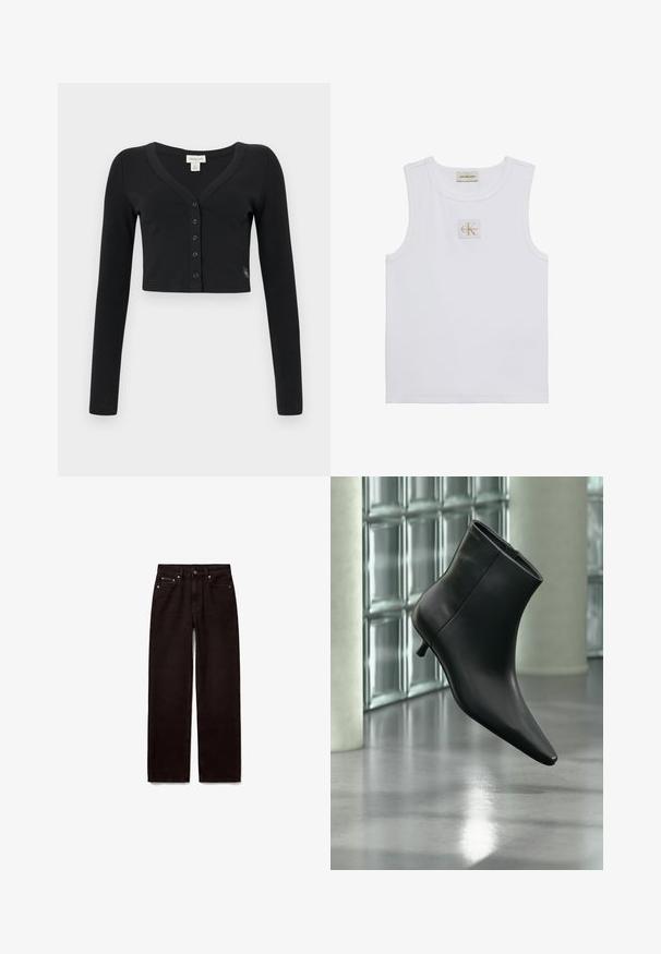 Zwarte cropped cardigan van ribgebreide stof. Heeft lange mouwen, een V-hals en een rij van zes knopen aan de voorkant. Minimalistisch design.; Witte mouwloze tanktop met Calvin Klein Jeans-label op de borst en een labeltje bij de halslijn op een effen witte achtergrond.; Zwarte jeans met rechte pijp, met vooraan knoop en rits, twee voorzakken en riemlussen op een witte achtergrond.; Zwarte leren enkellaars met spits toelopende neus en lage kittenhak, schuin weergegeven tegen een gepolijste vloer en een glazen blokken muur als achtergrond.
