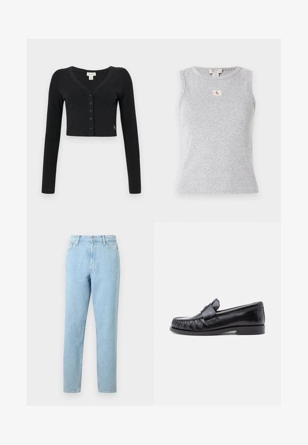 Čierny skrátený cardigan vyrobený z ribované tkaniny. Má dlhé rukávy, výstrih do V a rad šiestich gombíkov na prednej strane. Minimalistický dizajn.; Sivý top bez rukávov vyrobený z rebrovanej látky, s okrúhlym výstrihom a malou nášivkou CK na prednej strane. Jednoduchý a priliehavý dizajn.; Svetlomodré džínsy s rovnými nohavicami, dizajnom piatich vreciek a zapínaním na gombík. Obsahujú jemné vyblednutia a hladký povrch.; Čierne kožené mokasíny s okrúhlou špičkou, výrazným prešívaním a ozdobným pásikom cez priehlavok. Hladký povrch a nízky opätok.