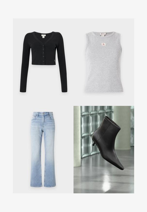 Schwarze, verkürzte Strickjacke aus Rippstoff. Mit langen Ärmeln, V-Ausschnitt und einer Reihe von sechs Knöpfen auf der Vorderseite. Minimalistisches Design.; Graues ärmelloses Oberteil aus Rippstoff, mit rundem Ausschnitt und einem kleinen CK-Logo-Label auf der Vorderseite. Einfaches und figurnahes Design.; Hellblaue, ausgestellte Jeans mit hoher Taille, kontrastierenden Nähten, Fronttaschen und einem dezenten verblassten Effekt zum Saum hin.; Schwarzer Leder-Knöchelstiefel mit spitzer Spitze und kleinem Absatz vor einer Wand aus Glasbausteinen und einem polierten Boden.