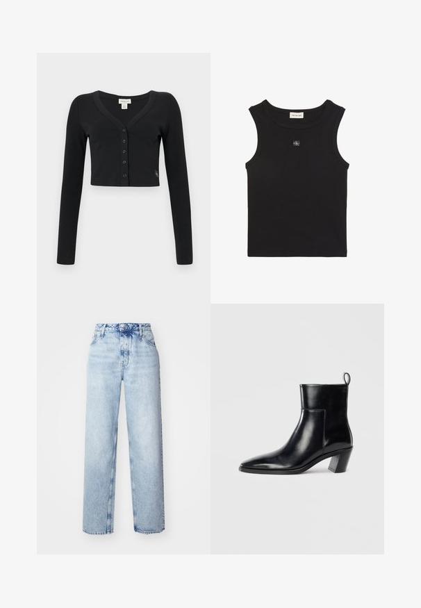 Zwarte cropped cardigan van ribgebreide stof. Heeft lange mouwen, een V-hals en een rij van zes knopen aan de voorkant. Minimalistisch design.; Zwarte geribbelde mouwloze top met ronde hals, Calvin Klein Jeans label aan de binnenkant van de kraag en een klein CK-logo applicatie op de borst.; Lichtblauwe high-waisted jeans met een losse pasvorm, met rechte pijpen, vijf zakken en een klassieke knoop- en ritssluiting.; Zwarte leren enkelboot met een spitse neus, een geometrische gestapelde hak en een trekband aan de achterkant. Gladde textuur en slank ontwerp.