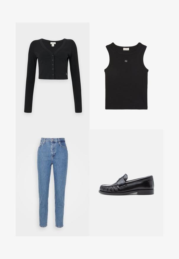 Cárdigan negro corto hecho de tela acanalada. Presenta mangas largas, un escote en V y una fila de seis botones en la parte delantera. Diseño minimalista.; Top sin mangas negro acanalado con cuello redondo, etiqueta Calvin Klein Jeans dentro del cuello y pequeño parche con el logo CK en el pecho.; Jeans de tiro alto rectos de color azul con botón frontal y cremallera, trabillas para cinturón y bolsillos, exhibidos sobre un fondo blanco liso.; Mocasines de cuero negro con punta redondeada, costuras distintivas y una banda decorativa sobre el empeine. Acabado liso y tacón bajo.