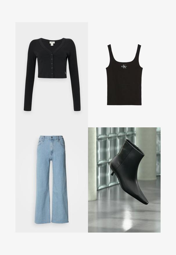 Zwarte cropped cardigan van ribgebreide stof. Heeft lange mouwen, een V-hals en een rij van zes knopen aan de voorkant. Minimalistisch design.; Zwarte katoenen tanktop met een ronde hals en brede schouderbanden. Voorzien van een klein bedrukt "Calvin Klein"-logo aan de voorkant.; Lichtblauwe wijde jeans van denim, met een aansluitende taille, vijf-pocket ontwerp en subtiele stiksels.; Zwarte leren enkellaars met spits toelopende neus en lage kittenhak, schuin weergegeven tegen een gepolijste vloer en een glazen blokken muur als achtergrond.
