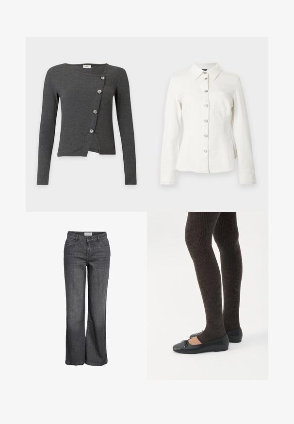 Cardigan à manches longues gris foncé en maille côtelée avec une fermeture asymétrique comportant quatre boutons clairs sur le devant.; Chemise en denim blanc avec col, manches longues et fermeture à boutons sur le devant. Comprend une poche poitrine unique et des boutons argentés en guise d'accents.; Jean large en denim gris foncé. Caractéristiques : taille haute, design traditionnel à cinq poches et ourlet net sans embellissements.; Jambes portant des leggings côtelés foncés associés à des ballerines noires avec de petits détails en nœud sur fond blanc.