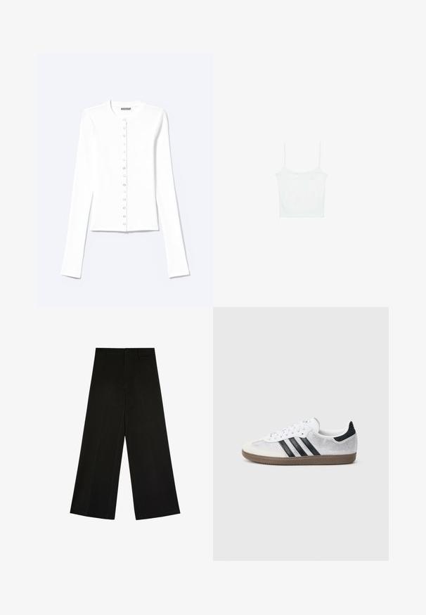 Cardigan blanc ajusté à manches longues avec encolure ronde et fermeture à pression sur le devant, étiqueté "Weekday".; Stradivarius Débardeur - white; Pantalon noir à jambes larges avec fermeture par bouton et zip, passants de ceinture et plis d’avant, posé à plat sur fond blanc.; Baskets en mesh blanc avec des rayures noires, un embout en daim beige et un accent sur le talon, semelle en caoutchouc texturée, et lacets blancs. Design classique à tige basse.