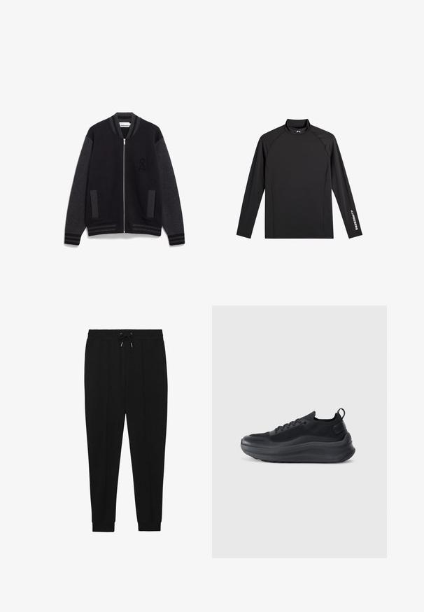 Zwarte en grijze bomberjack met ritssluiting, ribbelkraag en -manchetten, zijzakken en een geborduurde letter "A" op de borst. Zachte textuur.; Zwart sporttopje met lange mouwen, opstaande kraag, slim fit en witte "J.Lindeberg"-logo op linkerarm en kraag.; Zwarte sportbroek met een trekkoord in de taille, taps toelopende benen en ribbels aan de manchetten. Gemaakt van een zachte stof met een gladde textuur.; Zwarte sportieve schoen met een bovenkant van mesh, textuurrijke accenten en een dikke rubberen zool. Voorzien van een trekbandje bij de hak en vetersluiting.