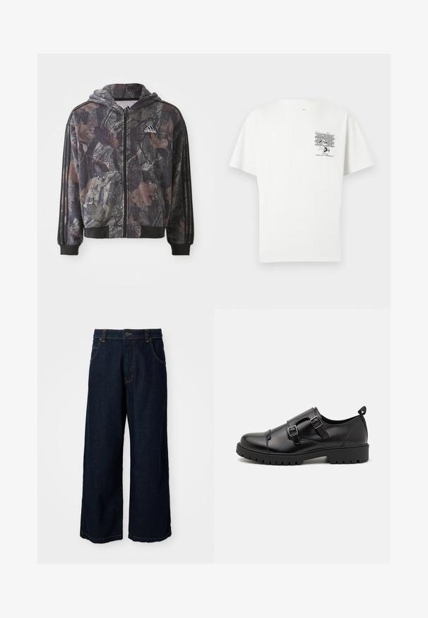 Hættetrøje med lynlås, der har et camouflage-mønster med brune og sorte bladdetaljer, sorte manchetter og tre sorte striber på ærmerne.; Hvid T-shirt med korte ærmer og lille sort "Dickies"-logo samt tegneseriefigur, der holder værktøj, på øverste venstre bryst.; Bredde bukser i mørkeblå denim med gyldne stikninger, knaplukning og fire lommer. Den nederste kant er lidt frayed.; Pier One Business loafers - black