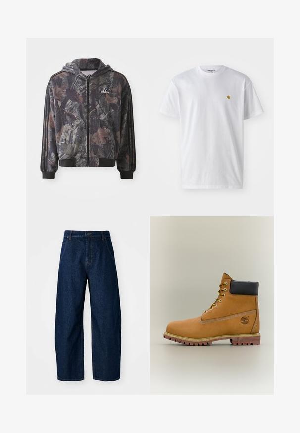 Chaqueta con capucha y cremallera que presenta un patrón de camuflaje con detalles en hojas marrones y negras, puños negros y tres rayas negras en las mangas.; Camiseta de algodón blanca con mangas cortas, cuello redondo, que presenta un pequeño logo dorado en la parte izquierda del pecho. Textura suave y corte regular.; Vaqueros de mezclilla oscuros de pierna ancha con cintura alta, que cuentan con cinco bolsillos, cierre frontal con botones y detalles de costura visibles.; Bota de tobillo de cuero marrón con cuello negro, cordones amarillos y suela beige. Presenta un logotipo y detalles de costura blanca. Suela exterior con tracción robusta.