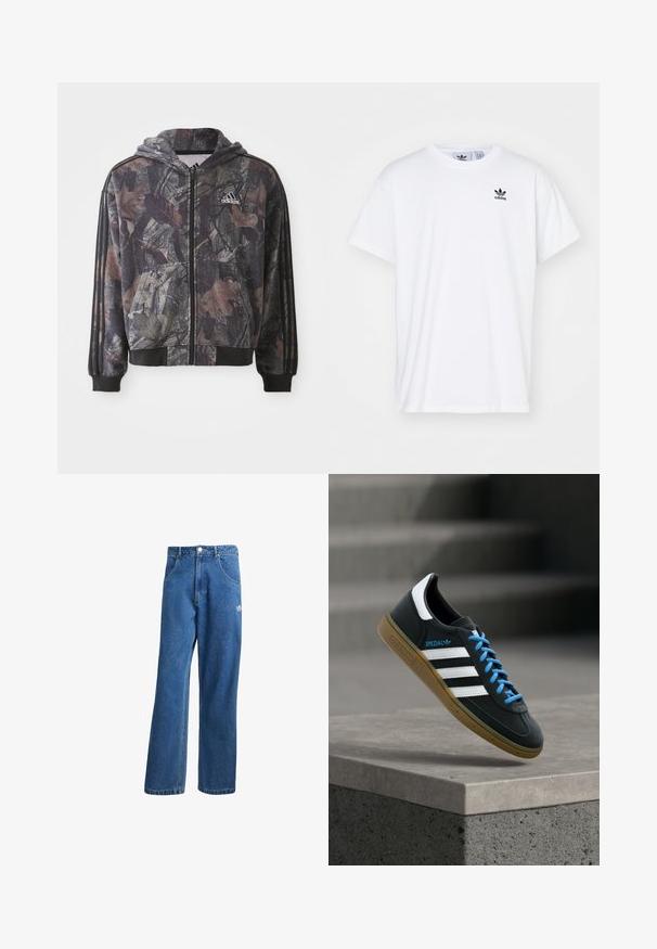 Chaqueta con capucha y cremallera que presenta un patrón de camuflaje con detalles en hojas marrones y negras, puños negros y tres rayas negras en las mangas.; Camiseta blanca de algodón con mangas cortas, escote redondo y un logo negro de Adidas con tres franjas en la zona del lado izquierdo del pecho.; Vaqueros de mezclilla anchos de talle alto en azul, con bolsillos frontales, presillas para cinturón, cierre de botón y pequeño logo de Adidas en el muslo derecho.; Zapatilla negra Adidas con franjas blancas, cordones azules y suela de goma flotando sobre un escalón de hormigón gris con luz suave.