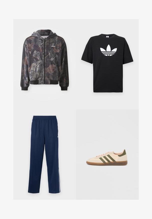 Chaqueta con capucha y cremallera que presenta un patrón de camuflaje con detalles en hojas marrones y negras, puños negros y tres rayas negras en las mangas.; Camiseta de algodón negra con manga corta, que presenta un gran logo blanco de Adidas y tres rayas horizontales en la parte inferior. Diseño clásico de cuello redondo.; Pantalones deportivos azul marino con acabado texturizado, cintura elástica y franjas blancas laterales. Presentan un corte recto y sin bolsillos.; Zapatilla Adidas Spezial beige de perfil bajo con rayas verdes, suela de goma y la marca "SPEZIAL" en el lateral, vista desde el lado exterior.
