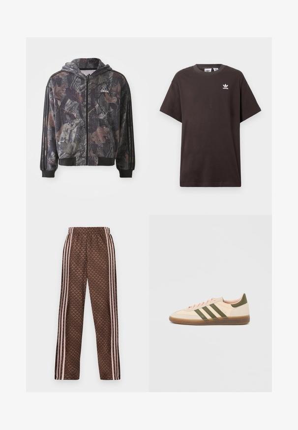 Chaqueta con capucha y cremallera que presenta un patrón de camuflaje con detalles en hojas marrones y negras, puños negros y tres rayas negras en las mangas.; Camiseta de algodón marrón oscuro con mangas cortas, cuello redondo y logo blanco de Adidas en el lado izquierdo del pecho. Diseño simple y de corte relajado.; Pantalones de chándal marrones con rayas verticales en rosa claro en los laterales y patrón repetido de hojas por todo el tejido, cintura elástica y corte recto en las piernas.; Zapatilla Adidas Spezial beige de perfil bajo con rayas verdes, suela de goma y la marca "SPEZIAL" en el lateral, vista desde el lado exterior.