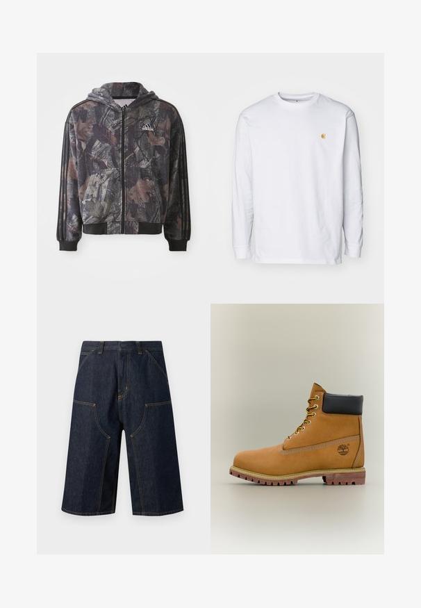 Chaqueta con capucha y cremallera que presenta un patrón de camuflaje con detalles en hojas marrones y negras, puños negros y tres rayas negras en las mangas.; Camiseta de manga larga blanca de algodón. Cuenta con un pequeño logo dorado en el pecho y un cuello redondo. Diseño simple y corte estándar.; Pantalones cortos vaqueros azul oscuro hasta la rodilla con costuras naranjas, bolsillos delanteros, trabillas para cinturón y cierre con botón.; Bota de tobillo de cuero marrón con cuello negro, cordones amarillos y suela beige. Presenta un logotipo y detalles de costura blanca. Suela exterior con tracción robusta.