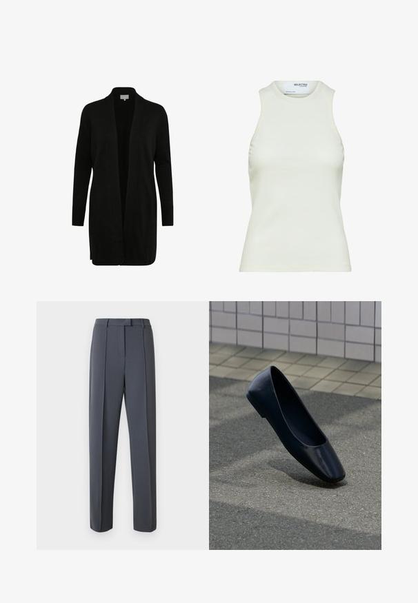 Cardigan negro con frente abierto, mangas largas, puños acanalados y una textura suave. Diseño simple sin patrones o acentos visibles.; Camiseta sin mangas blanca acanalada con escote redondo de Selected Femme, mostrando vista frontal sin patrones ni decoraciones.; Pantalones grises a medida con diseño de pierna recta, delantero plisado y textura suave. La cintura incluye trabillas para cinturón para un ajuste adaptable.; Zapato plano de cuero negro, de pie verticalmente sobre una superficie de asfalto cerca del borde de una acera con baldosas.