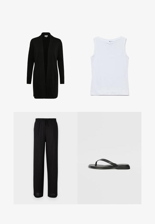 Cardigan negro con frente abierto, mangas largas, puños acanalados y una textura suave. Diseño simple sin patrones o acentos visibles.; Camiseta blanca sin mangas de algodón con un amplio escote redondo y dobladillo recto, mostrada extendida sobre un fondo blanco.; Pantalones negros de corte holgado con cintura elástica y cordón ajustable, corte recto, adecuados para uso casual.; Chancla negra de piel suave, con un diseño de tira delgada y una suela plana de perfil mínimo. Sin patrones ni acentos notables.