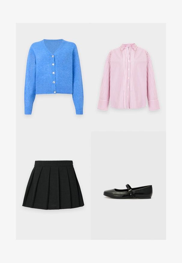 Cardigan en tricot bleu avec un décolleté en V, des manches longues et six boutons en métal argenté sur le devant. Texture douce avec des poignets et un ourlet côtelés.; Chemise rose pâle à manches longues avec rayures verticales rose foncé, devant boutonné, col pointu et larges poignets.; Jupe plissée noire en tissu texturé. Dispose d'une taille et d'un léger motif écossais tout au long. Longueur courte avec des plis superposés.; Ballerines en cuir noir avec un bout arrondi, une semelle plate et une fine sangle ajustable sur le cou-de-pied avec une boucle en métal.