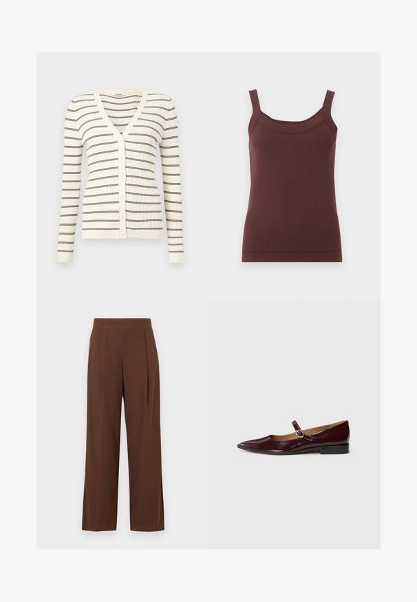 Cardigan crème côtelé à manches longues, rayures horizontales marron, col en V, et boutons sur le devant.; Débardeur brun côtelé sans manches avec encolure carrée et logo brodé discret au centre devant.; Pantalon marron à jambes larges avec une texture lisse, présentant un devant plat et des plis. La taille est élastiquée pour le confort et l'ajustement.; Ballerines en cuir verni bordeaux de type Mary Jane avec un bout pointu, un talon plat et une sangle décorative avec une boucle circulaire.