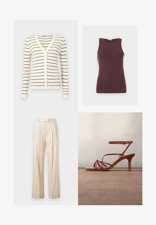 Cardigan crème côtelé à manches longues, rayures horizontales marron, col en V, et boutons sur le devant.; Débardeur ajusté sans manches de couleur violet foncé avec un col rond et un logo discret près de l'ourlet, présenté sur un fond clair uni.; Pantalon beige taille haute avec fines rayures verticales noires, brunes et rouges, équipé de poches latérales et d'ourlets retroussés.; Sandale à talons hauts marron avec lanières et boucle à la cheville, flottant au-dessus d'un sol en béton gris et d'un arrière-plan en verre flou.