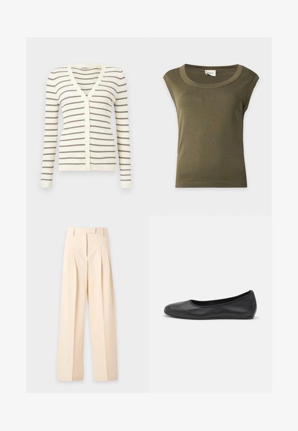 Cardigan crème côtelé à manches longues, rayures horizontales marron, col en V, et boutons sur le devant.; Haut en coton vert olive sans manches avec un large col rond et un ourlet cousu, présenté à plat sur un fond clair.; Pantalon beige taille haute sur mesure avec plis, passants pour ceinture et jambes larges, étalé à plat sur un fond clair.; Ballerines en cuir noir avec un bout rond, texture lisse, détails de couture minimalistes et design de semelle flexible.