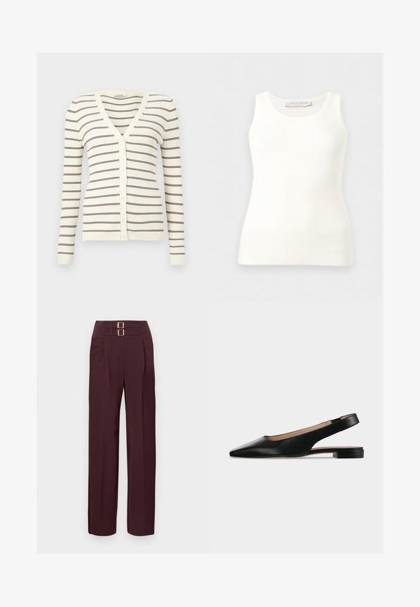 Cardigan crème côtelé à manches longues, rayures horizontales marron, col en V, et boutons sur le devant.; Débardeur blanc côtelé sans manches avec encolure ronde, coupe ajustée, et étiquette de la marque à l'intérieur du col arrière.; Pantalon taille haute de couleur bordeaux foncé avec deux sangles à boucle dorée en haut et une coupe droite.; Chaussure plate en cuir noir avec bride arrière, bout pointu et petit talon carré sur fond blanc.