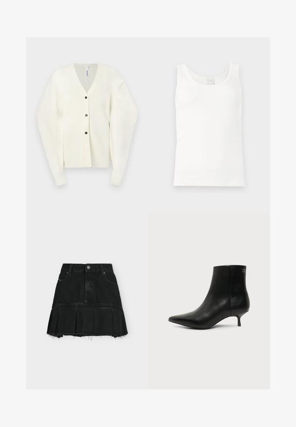Cardigan en tricot blanc avec décolleté en V, longues manches balloon, poignets côtelés et trois boutons noirs sur le devant.; Débardeur blanc côtelé sans manches avec encolure arrondie et étiquette Calvin Klein au dos du col.; Mini-jupe en denim noir avec bas plissé, ourlet effiloché, fermeture à boutons et zip devant, et passants pour ceinture sur un fond clair uni.; Bottine en cuir noir avec bout pointu et petit talon kitten sur fond clair, vue côté extérieur.