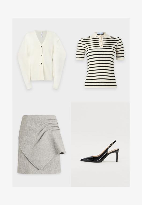 Cardigan en tricot blanc avec décolleté en V, longues manches balloon, poignets côtelés et trois boutons noirs sur le devant.; Polo à manches courtes côtelées avec une base crème et des rayures horizontales noires. Comprend également trois boutons dorés et un col.; Jupe en tissu gris clair texturé avec un panneau avant asymétrique superposé et un détail froncé sur un côté.; Pompe slingback en cuir verni noir avec un bout pointu, un talon fin et un design de découpes subtil. Elle dispose d'une boucle dorée sur la sangle.