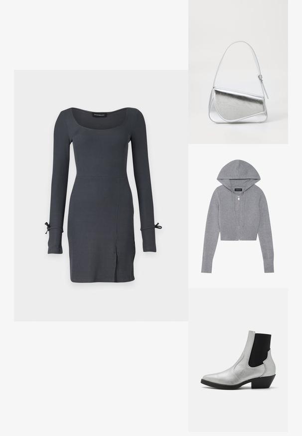Haut de sweatshirt gris à zip, coupé et en matière tricot douce. Il présente une capuche, un ourlet et des poignets côtelés, avec un détail de fermeture éclair en argent.; Robe en maille à manches longues de couleur gris foncé, avec un décolleté carré et une fente sur le côté. Des accents noués aux poignets ajoutent du détail au design.; ONLY SHOES ONLBRONCO SHORT - Bottines de cowboy / motard - silver; Sac à main en métal argenté de forme triangulaire, texture lisse et fine bandoulière réglable. Présente un design rabat avec couture.