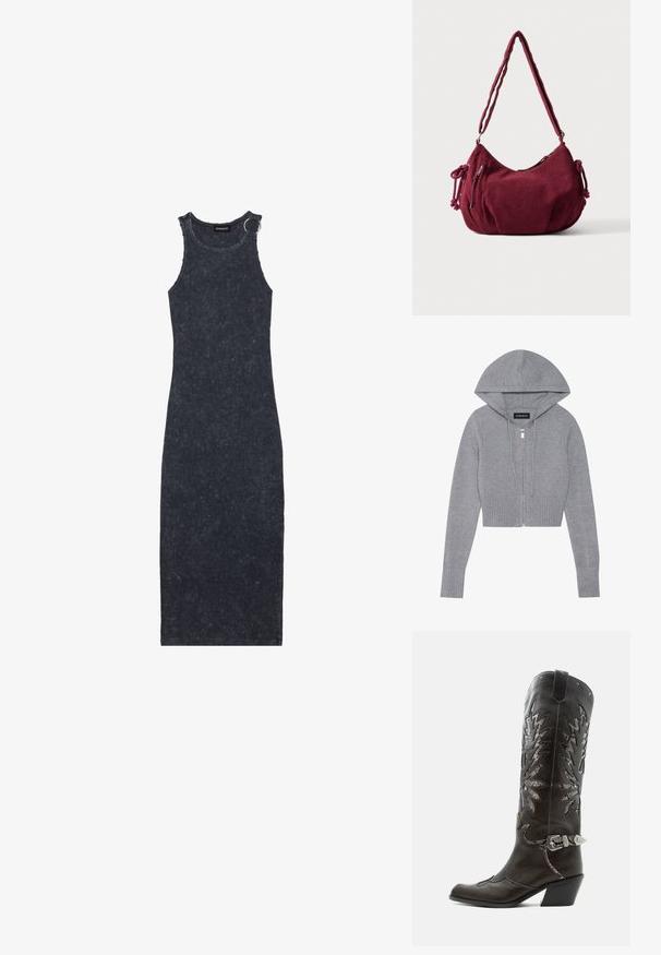 Gray cropped zip-up hoodie in a soft knit material. Features a hood, ribbed hem and cuffs, with a silver zipper detail.; Dark grey, ribbed knit maxi dress with a round neckline and a silver ring accent on the shoulder. Textured fabric with a fitted silhouette.; Black leather cowboy boot with decorative cutouts, silver buckle, and angled heel, displayed on white background.; Soft maroon corduroy shoulder bag with adjustable strap, zipper closure, side ties, and a front zip pocket.