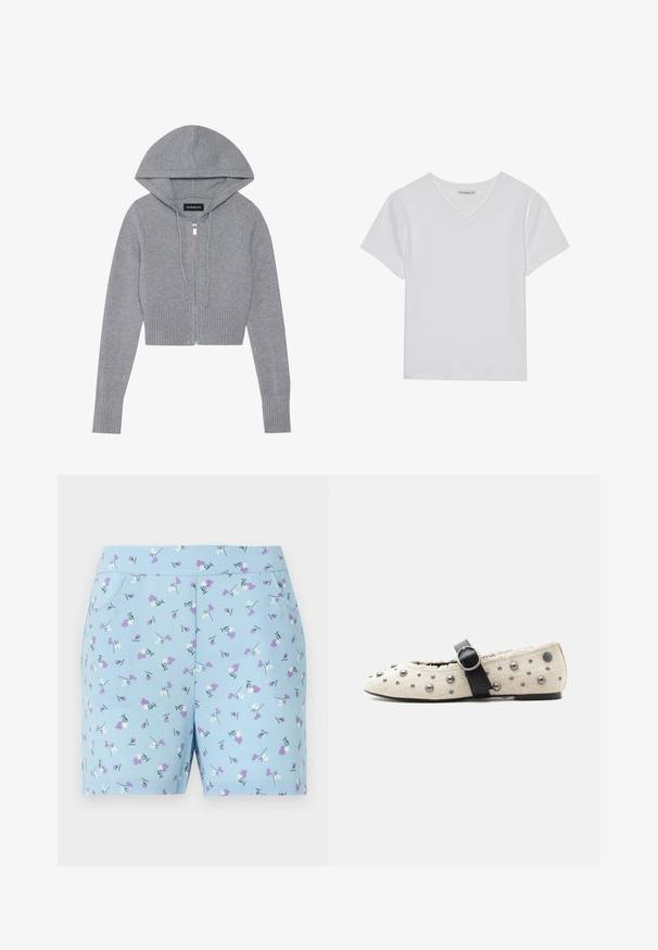Grå cropped zip-up hættetrøje i blødt strikmateriale. Har en hætte, ribbet kant og manchetter samt detaljer med sølv lynlås.; Hvid kortærmet V-hals t-shirt lavet af ribbet stof. Har et rent design med en lige kant og minimal detaljer.; Blå shorts lavet af blødt stof, prydet med et blomstermønster med hvide og lilla blomster, samt sidelommer. Designet til komfort og stil.; Beige flad sko med sort spænde, sølvnitter og en tekstureret kant langs åbningen.