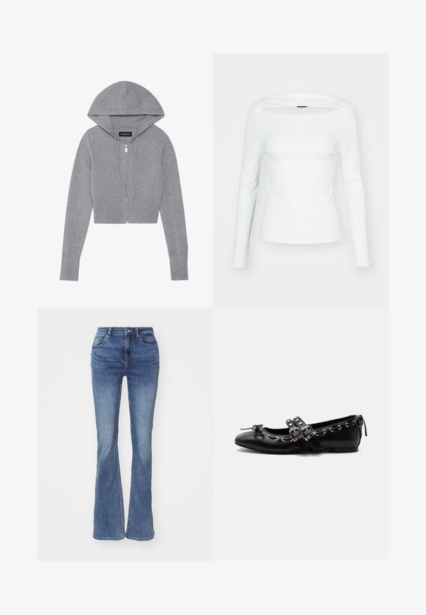Gray cropped zip-up hoodie in a soft knit material. Features a hood, ribbed hem and cuffs, with a silver zipper detail.; White long-sleeve top with a square neckline and open cutout detail at the front, made from ribbed material. Fitted design, smooth texture.; Flared denim jeans in light to medium blue wash, featuring five-pocket design, belt loops, and a zip fly with metal button closure.; Black flat ballet shoe with double buckle straps, silver eyelets, and a small bow near the rounded toe on a white background.