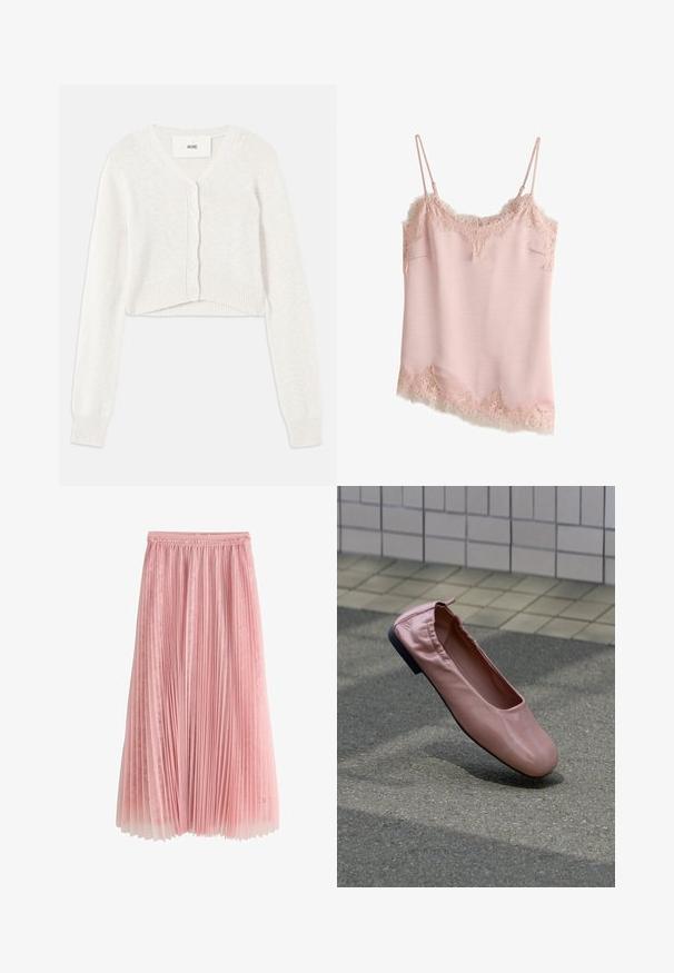 Crop witte cardigan met een v-hals, knoopsluiting en geribde manchetten. Gemaakt van een zachte gebreide stof met een subtiele textuur.; Lichtroze satijnen hemdje met bloemige kanten afwerking aan de halslijn, zoom en zijkanten, met dunne verstelbare schouderbandjes.; Roze geplooide midi-rok met een kanten onderlaag en een geplooide tailleband, getoond op een witte achtergrond.; Roze leren platte schoen met elastische hiel zwevend boven grijze asfaltgrond, betegelde muur op de achtergrond.