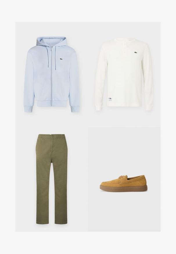 Sweat à capuche bleu clair zippé avec poches avant, capuche à cordon, poignets côtelés et petit logo crocodile vert sur la poitrine.; Chemise henley blanche à manches longues en tissu côtelé texturé, dotée d'un plastron à trois boutons et d'un logo crocodile brodé vert sur la poitrine.; Pantalon en coton léger de couleur vert olive avec une taille élastiquée, une fermeture à boutons, et une coupe droite. Pas de motifs ou accents visibles.; Chaussures slip-on en suède marron avec une finition texturée, un bout rond et une semelle en caoutchouc contrastante. Présente une marque discrète près du talon.