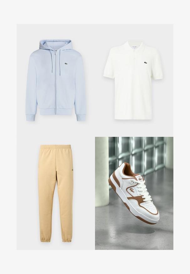 Sweat à capuche bleu clair zippé avec poches avant, capuche à cordon, poignets côtelés et petit logo crocodile vert sur la poitrine.; Polo-shirt blanc en coton lisse avec un col classique, patte de boutonnage à trois boutons et un petit logo crocodile vert sur la poitrine.; Pantalon de jogging beige avec taille élastique et poignets, arborant un petit logo crocodile vert brodé sur la cuisse droite.; Baskets Lacoste blanches et marron avec lacets, logo et perforations, flottant au-dessus d'un sol en béton poli près de blocs de verre.