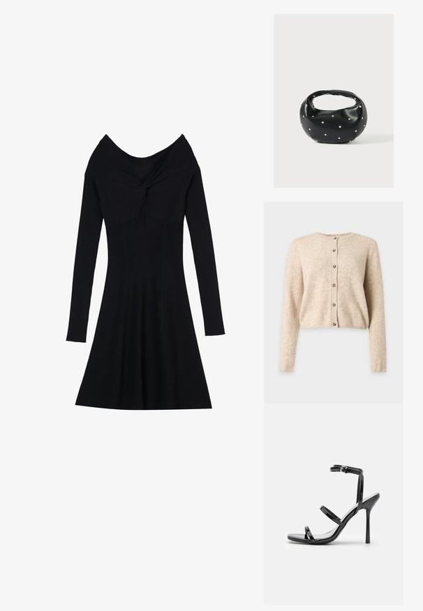 Beiger langärmeliger Cardigan mit Knöpfen, rundem Ausschnitt sowie gerippten Bündchen und Saum, dargestellt auf einem schlichten hellgrauen Hintergrund.; Anna Field Strickkleid - black; Schwarze Lackleder-High-Heel-Sandalen mit drei horizontalen Riemen und einem verstellbaren Knöchelriemen. Schlanke Silhouette und glänzende Oberfläche.; Schwarze Lederhandtasche mit abgerundeter Form, verziert mit silbernen Nietenakzenten und kurzem Griff. Glatte Struktur und Reißverschlussverschluss.