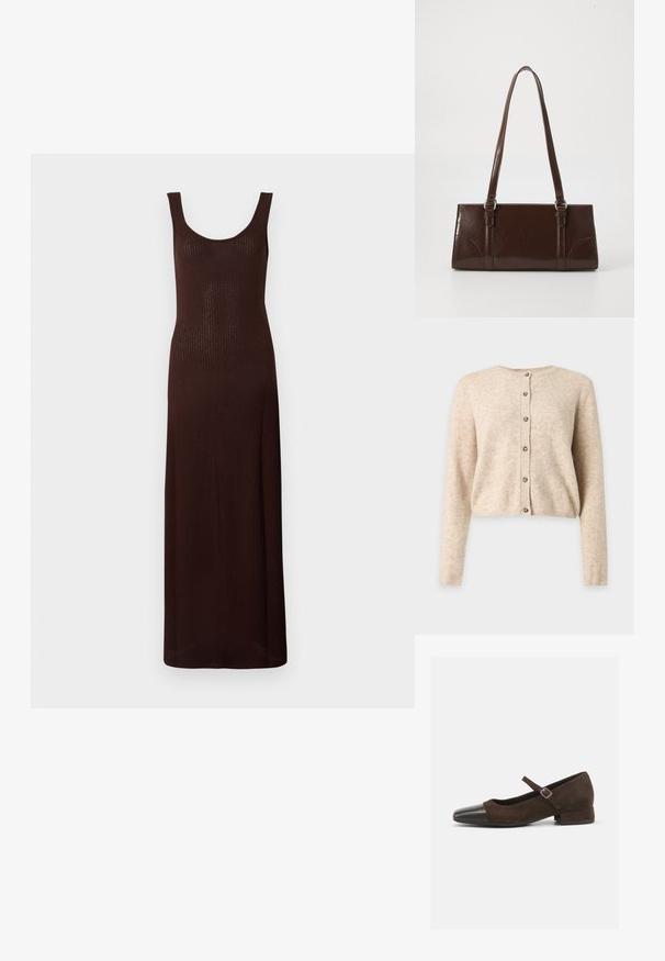 Beiger langärmeliger Cardigan mit Knöpfen, rundem Ausschnitt sowie gerippten Bündchen und Saum, dargestellt auf einem schlichten hellgrauen Hintergrund.; Braunes geripptes Maxikleid mit Rundhalsausschnitt und ärmellosem Design, das eine figurbetonte Silhouette und glatte Textur aufweist.; Braune Wildleder-Mary-Jane-Schuhe mit einer schwarzen Lackleder-Zehenspitze, verstellbarem Riemen und einem niedrigen Blockabsatz. Glatte Textur mit minimalen Akzenten.; Braune Lackleder-Handtasche in rechteckiger Form, mit zwei langen Griffen und subtilen, geschwungenen Akzenten auf der Vorderseite.