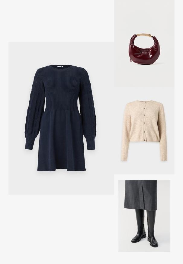 Beiger langärmeliger Cardigan mit Knöpfen, rundem Ausschnitt sowie gerippten Bündchen und Saum, dargestellt auf einem schlichten hellgrauen Hintergrund.; Marineblaues Strickkleid mit geripptem Oberteil, gepufften, strukturierten langen Ärmeln, enganliegenden Bündchen und ausgestelltem Rocksaum.; Knielange schwarze Lederstiefel mit glatter Textur, seitlichen Reißverschlüssen und flacher Sohle. Die Stiefel haben einen strukturierten Schaft und minimales Zubehör.; Burgunderfarbene Kunstleder-Handtasche mit runder Form, gerafften Details und einem goldfarbenen Metallgriff. Glatte Textur und glänzende Oberfläche.