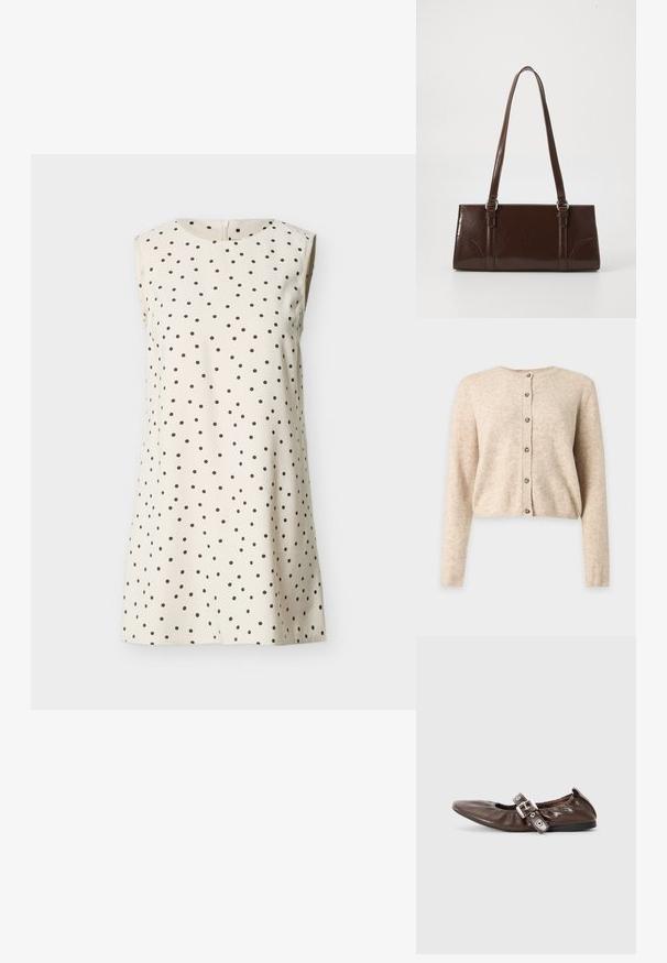 Beiger langärmeliger Cardigan mit Knöpfen, rundem Ausschnitt sowie gerippten Bündchen und Saum, dargestellt auf einem schlichten hellgrauen Hintergrund.; Ärmelloses cremefarbenes Kleid mit rundem Ausschnitt und kleinen schwarzen Punkten, die gleichmäßig über den gesamten Stoff verteilt sind.; Braunes Lackleder-Ballerina mit spitzem Zeh, elastischem Schleifendetail und silberner Schnallenakzent an der Seite. Schwarze Gummisohle.; Braune Lackleder-Handtasche in rechteckiger Form, mit zwei langen Griffen und subtilen, geschwungenen Akzenten auf der Vorderseite.