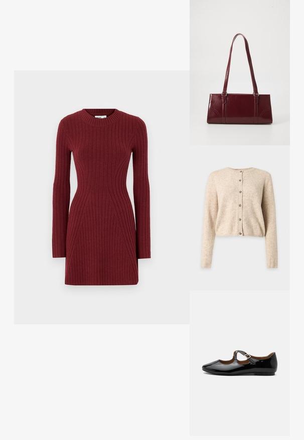 Beiger langärmeliger Cardigan mit Knöpfen, rundem Ausschnitt sowie gerippten Bündchen und Saum, dargestellt auf einem schlichten hellgrauen Hintergrund.; Rippstrickkleid in tiefem Burgunderrot mit langen Ärmeln, rundem Halsausschnitt und einer taillierten Passform, die geometrische Linien für einen strukturierten Look aufweist.; Schwarzer Mary Jane flacher Schuh aus Lackleder mit zwei Ausstanzungen und einem goldfarbenen Schnallenriemen auf weißem Hintergrund.; Burgunderfarbene Handtasche aus glänzendem Material, rechteckige Form, mit zwei Schulterriemen und subtilen, geschwungenen Akzenten an der Vorderseite.