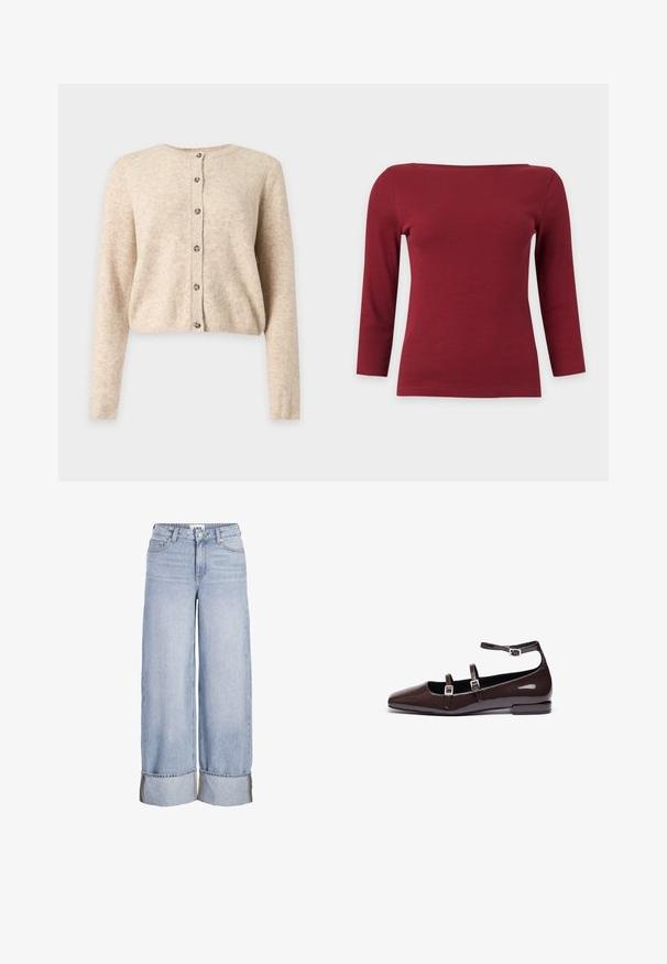 Beige cardigan met lange mouwen en knopen, een ronde halslijn en geribbelde manchetten en zoom, weergegeven op een effen lichtgrijze achtergrond.; Effen donkerrood geribd top met lange mouwen, een brede boothals en een aansluitend silhouet op een lichtgrijze achtergrond.; Lichtblauwe wijde spijkerbroek met omgeslagen zoom, knopen aan de voorkant en rits, riemlussen en voorzakken.; Bruine gepatineerde leren ballerina's met een spitse neus, voorzien van twee verstelbare banden en zilveren gespen, en een lage, vierkante hak.