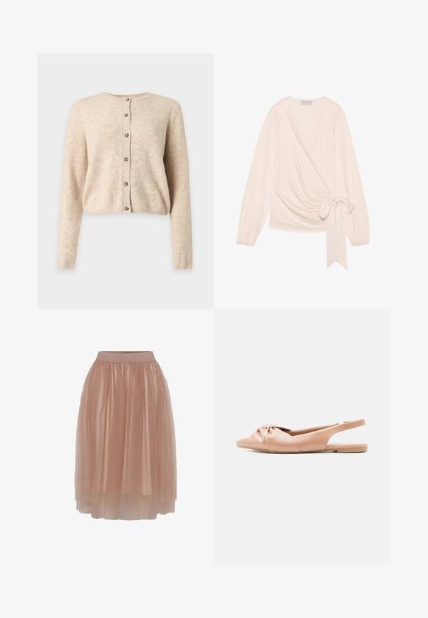 Beiger langärmeliger Cardigan mit Knöpfen, rundem Ausschnitt sowie gerippten Bündchen und Saum, dargestellt auf einem schlichten hellgrauen Hintergrund.; Oberteil aus weichem, hellrosa Stoff. Mit langen Ärmeln, einem Bindeband in der Taille und sanften Drapierungen an der Vorderseite.; Tüllrock in einem sanften Nude-Ton mit einem enganliegenden Gummibund, der aus schichtweisem, transparentem, leichtem Stoff und einer glatten Textur besteht.; Beige flache Slingback-Sandale mit verdrehtem Knotendetail vorne und offenem Fersenriemen, glatte Lederoptik.